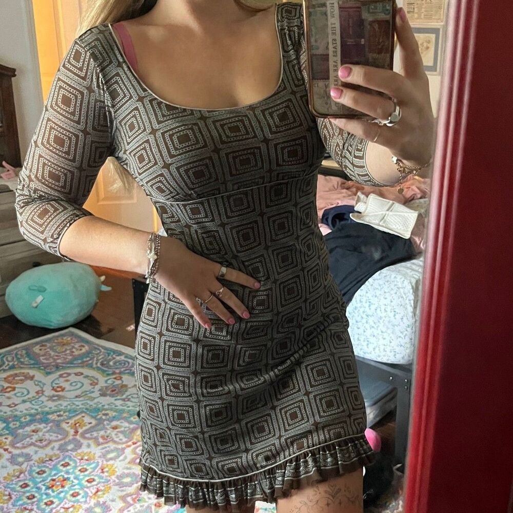 Vintage brown & blue geometric sheer doubleline quartersleeve dress with pleats